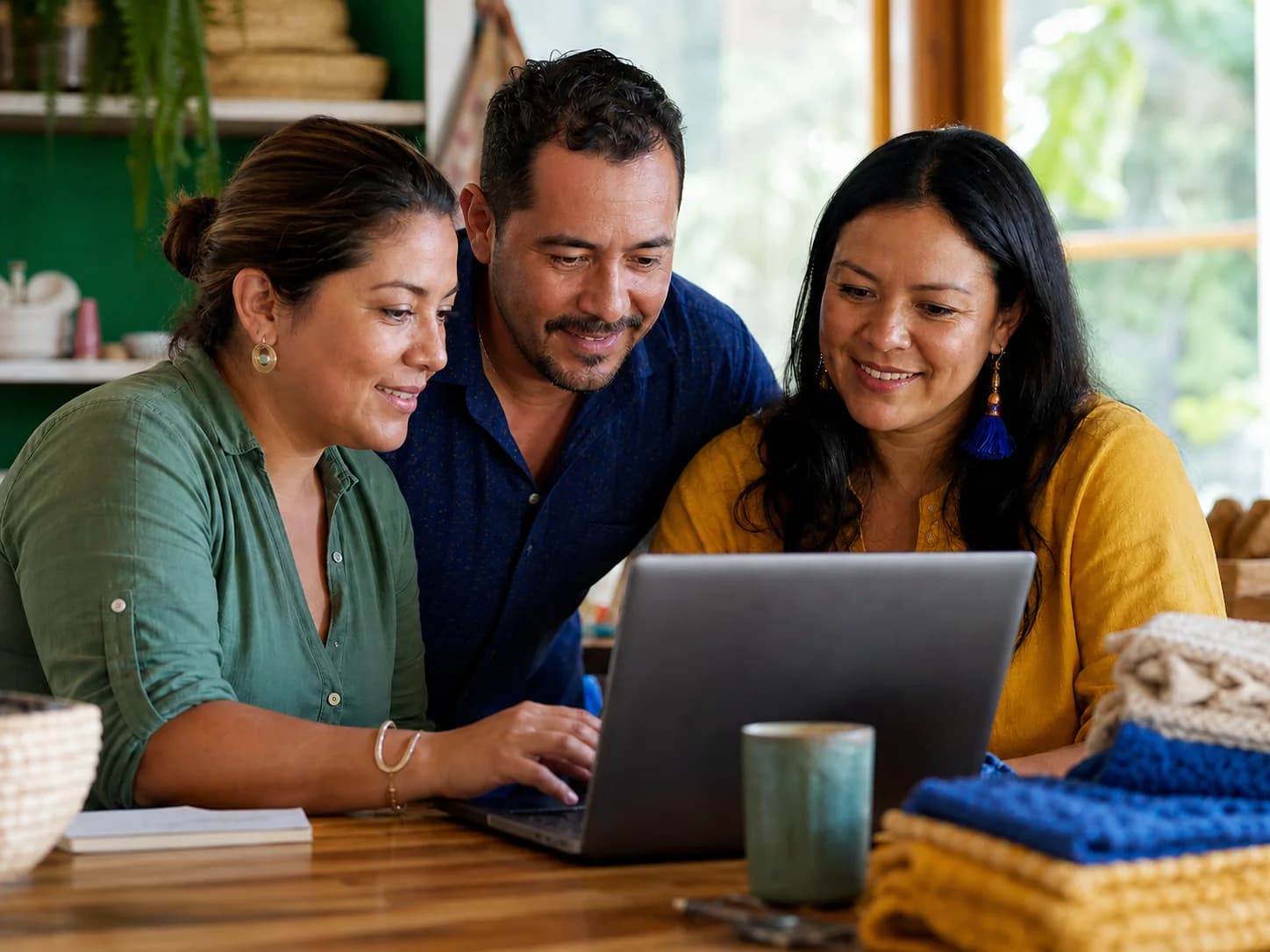 Colombian small business owners working together on a laptop with restored internet connectivity